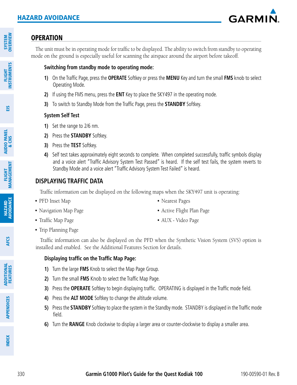 Operation, Hazard avoidance, Displaying traffic data | Garmin G1000 Quest Kodiak User Manual | Page 342 / 476