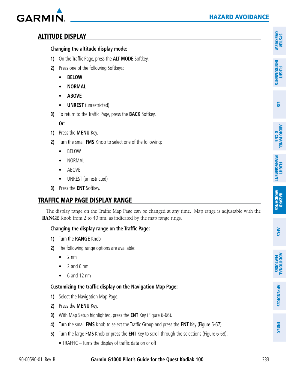 Altitude display, Traffic map page display range, Hazard avoidance | Garmin G1000 Quest Kodiak User Manual | Page 345 / 476