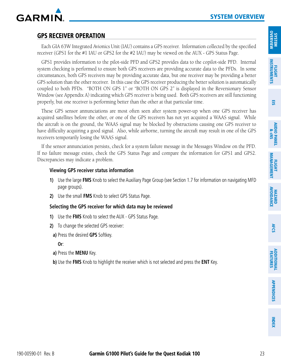 Gps receiver operation, System overview | Garmin G1000 Quest Kodiak User Manual | Page 35 / 476