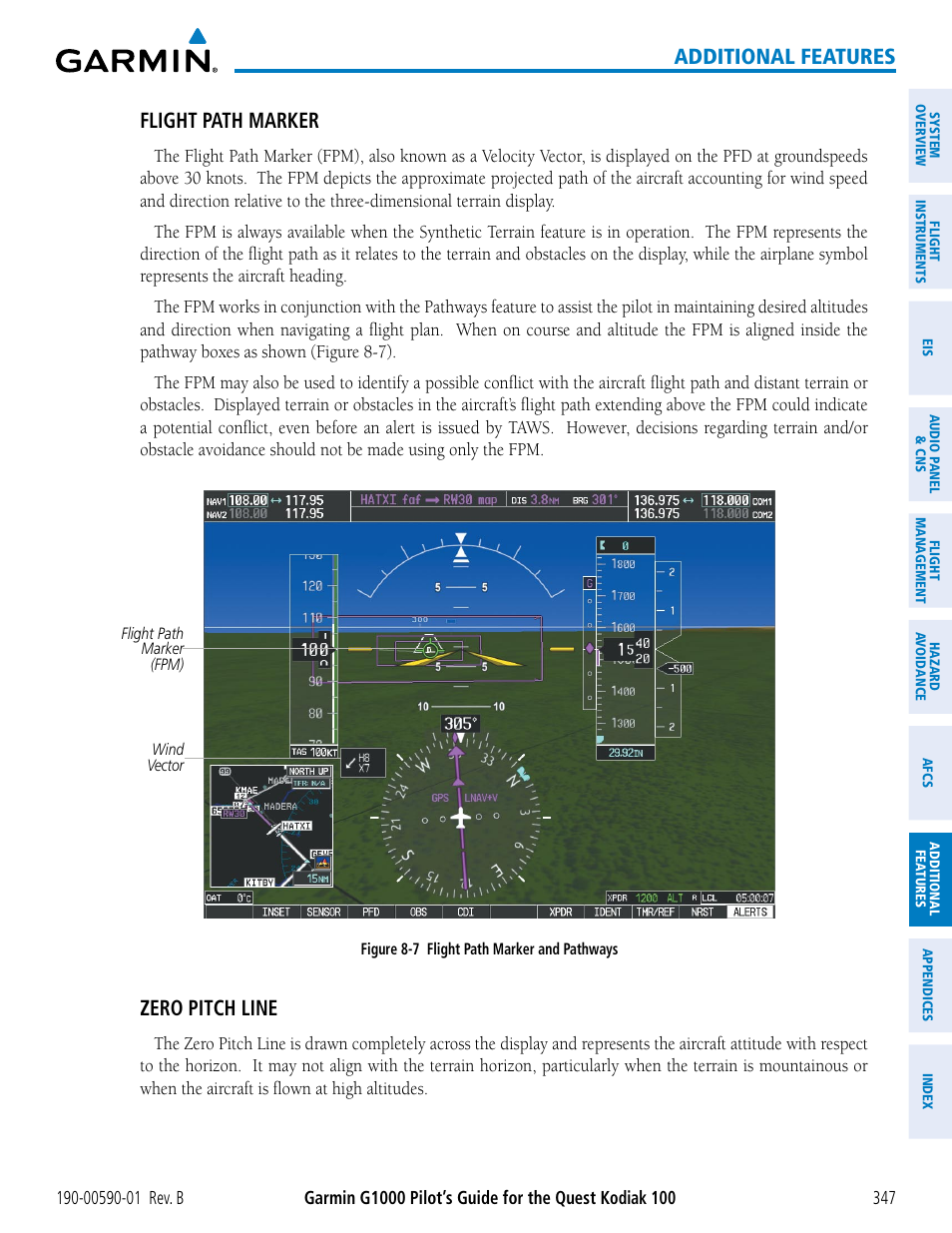 Additional features, Flight path marker, Zero pitch line | Garmin G1000 Quest Kodiak User Manual | Page 359 / 476