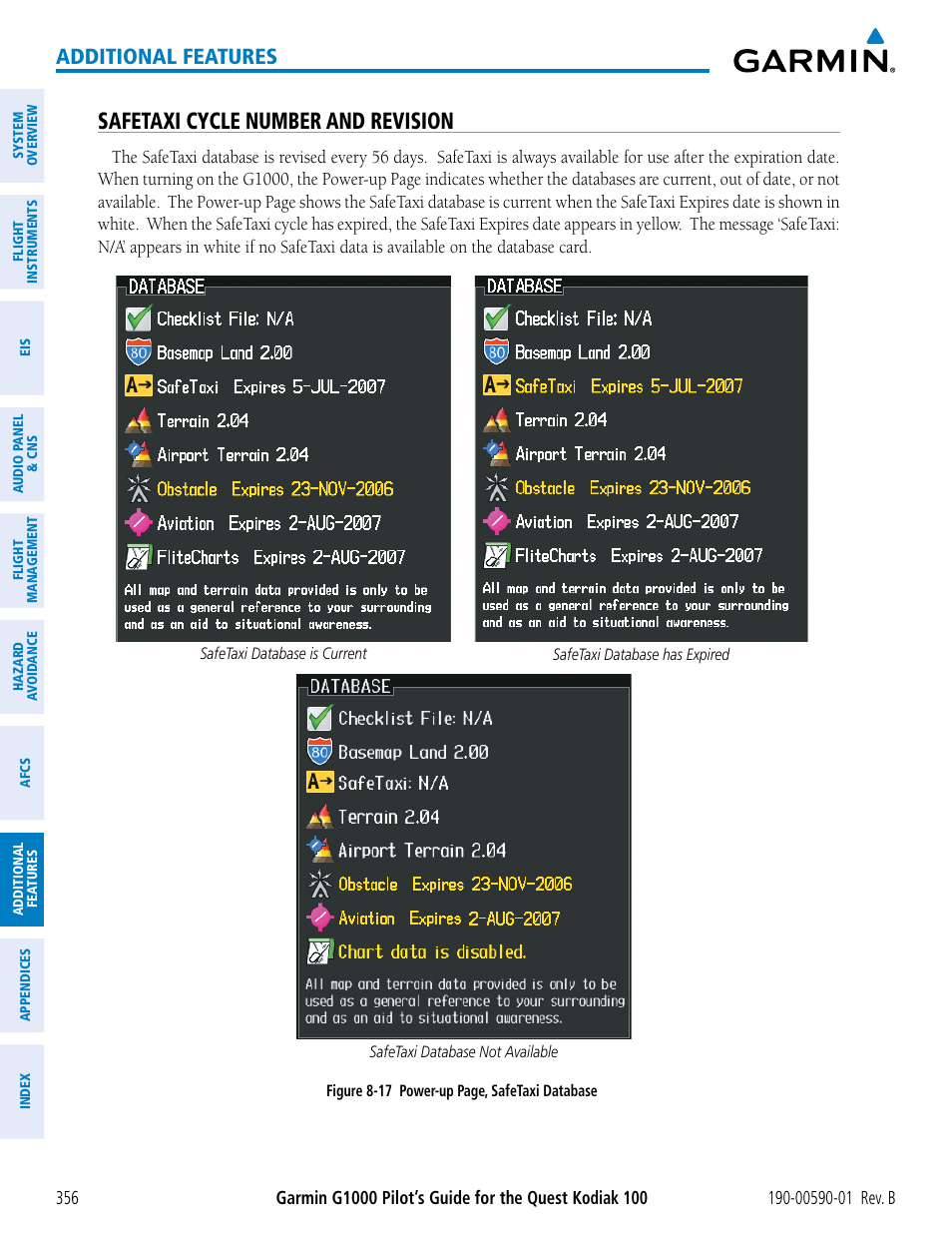 Safetaxi cycle number and revision, Additional features | Garmin G1000 Quest Kodiak User Manual | Page 368 / 476