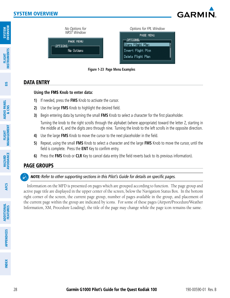 Data entry, Page groups, System overview | Garmin G1000 Quest Kodiak User Manual | Page 40 / 476
