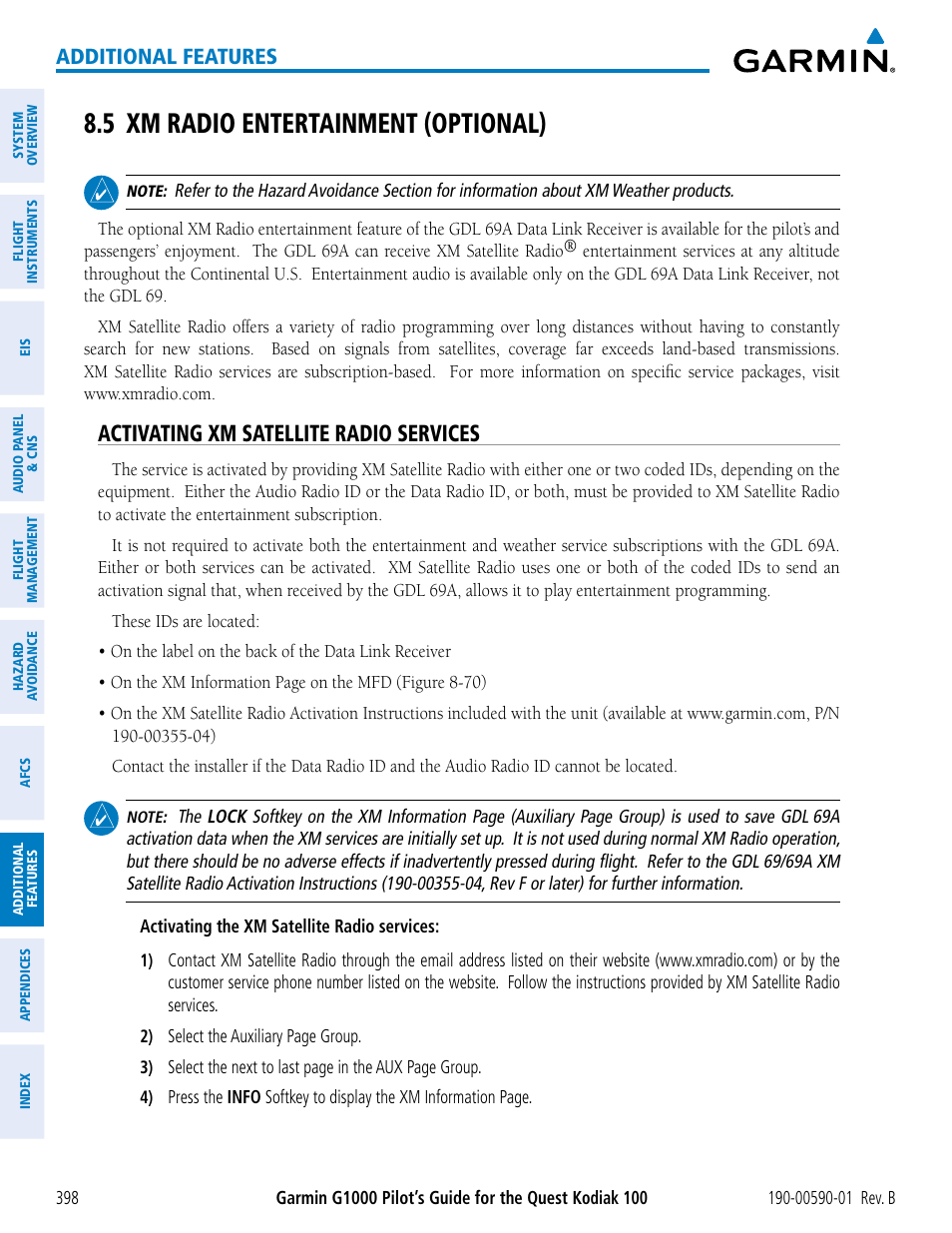 5 xm radio entertainment (optional), Activating xm satellite radio services, Additional features | Garmin G1000 Quest Kodiak User Manual | Page 410 / 476