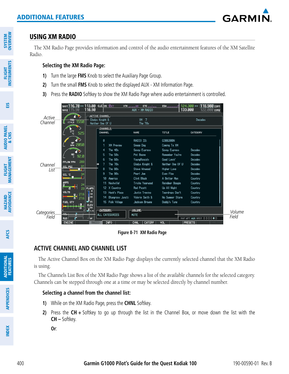 Using xm radio, Additional features, Active channel and channel list | Garmin G1000 Quest Kodiak User Manual | Page 412 / 476