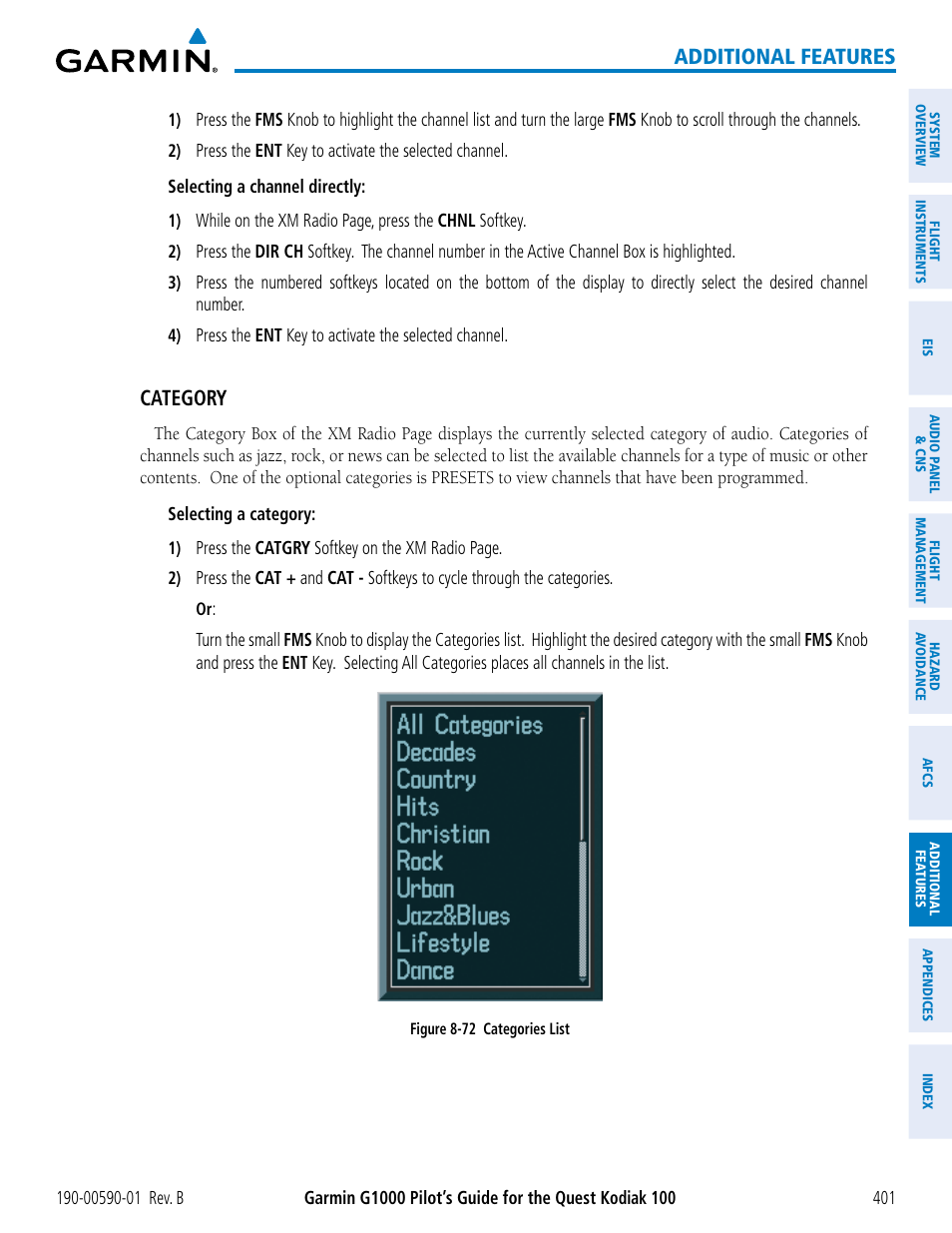 Additional features, Category | Garmin G1000 Quest Kodiak User Manual | Page 413 / 476