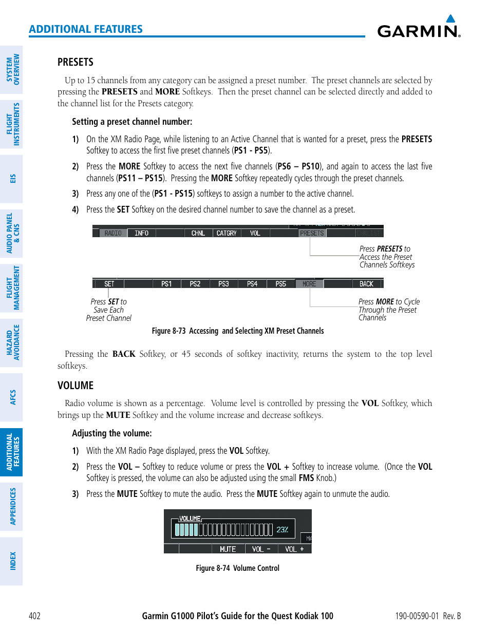 Additional features, Presets, Volume | Garmin G1000 Quest Kodiak User Manual | Page 414 / 476