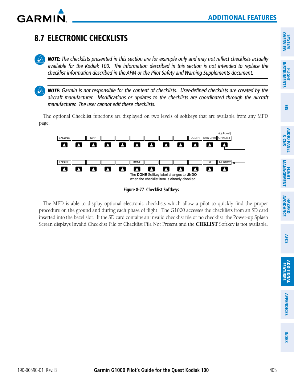 7 electronic checklists, Additional features | Garmin G1000 Quest Kodiak User Manual | Page 417 / 476