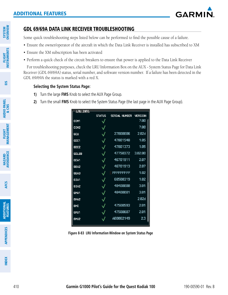 Gdl 69/69a data link receiver troubleshooting, Additional features | Garmin G1000 Quest Kodiak User Manual | Page 422 / 476