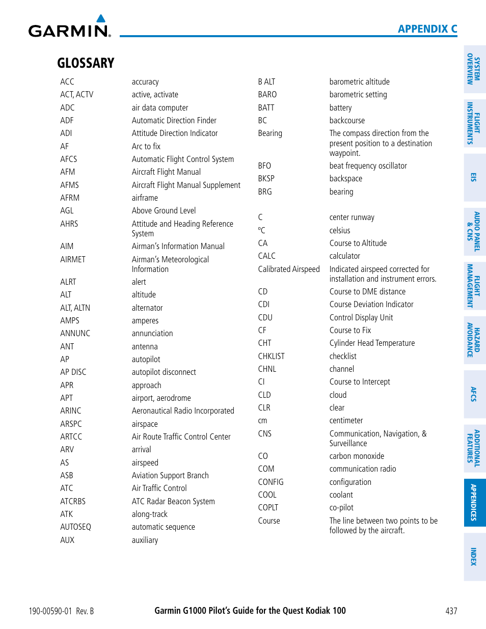 Glossary, Appendix c | Garmin G1000 Quest Kodiak User Manual | Page 449 / 476