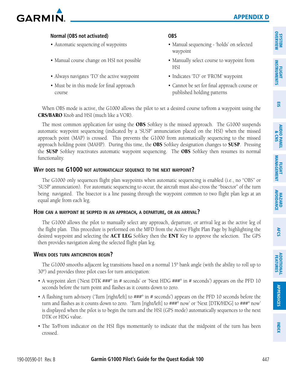 Appendix d, G1000 | Garmin G1000 Quest Kodiak User Manual | Page 459 / 476