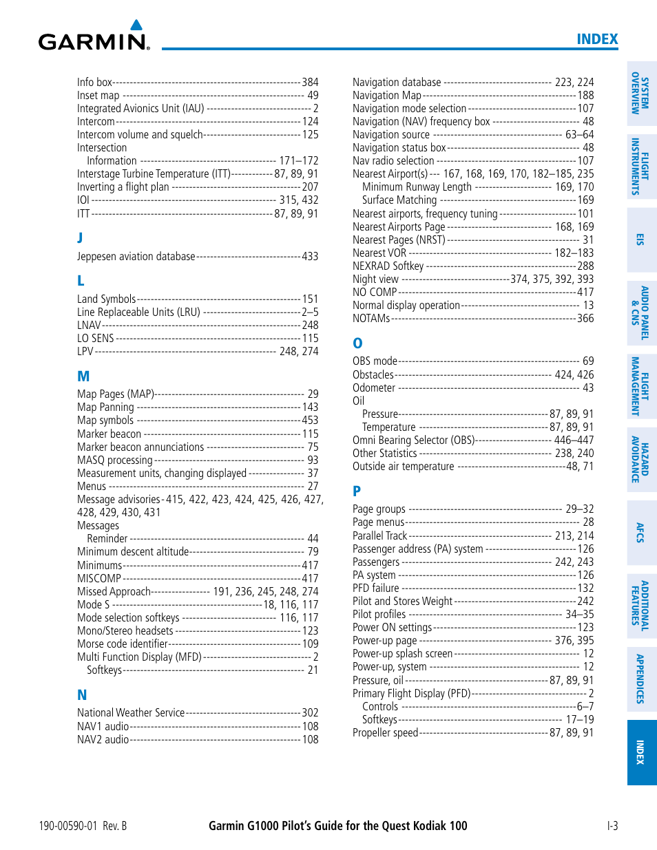 Index | Garmin G1000 Quest Kodiak User Manual | Page 471 / 476