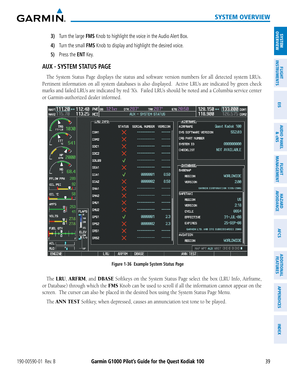 System overview, Aux - system status page | Garmin G1000 Quest Kodiak User Manual | Page 51 / 476