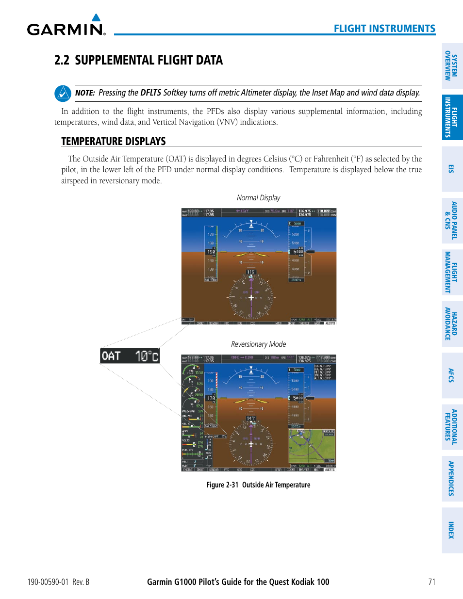 2 supplemental flight data, Temperature displays, Flight instruments | Garmin G1000 Quest Kodiak User Manual | Page 83 / 476