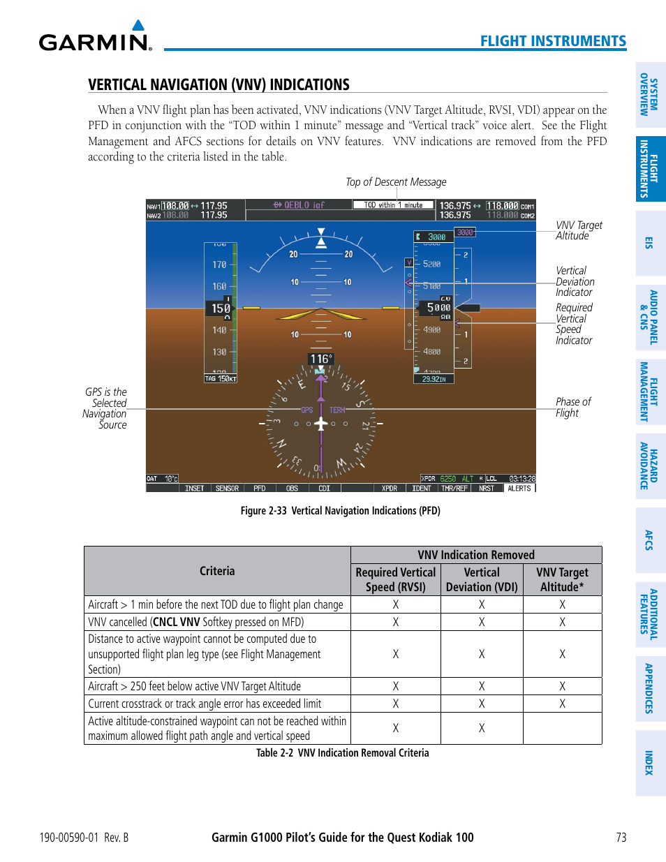 Vertical navigation (vnv) indications, Flight instruments | Garmin G1000 Quest Kodiak User Manual | Page 85 / 476