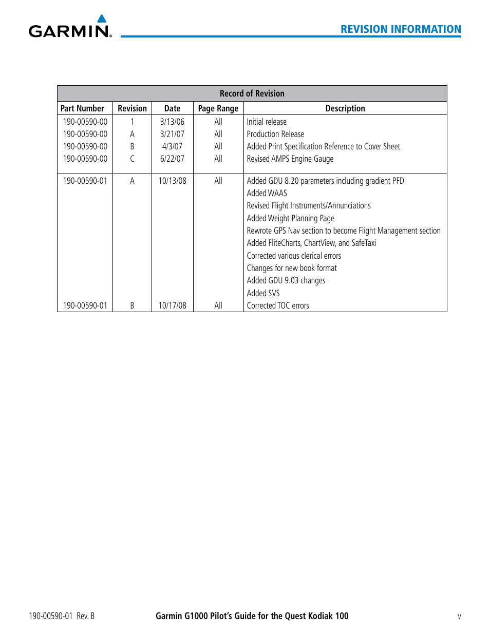 Revision information | Garmin G1000 Quest Kodiak User Manual | Page 9 / 476