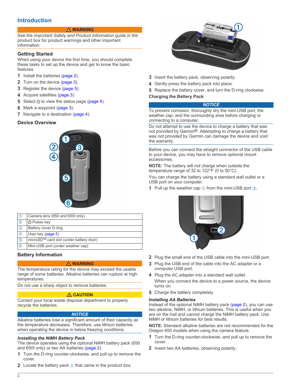 Introduction, Getting started, Device overview | Battery information, Installing the nimh battery pack, Charging the battery pack, Installing aa batteries | Garmin Oregon 650t User Manual | Page 2 / 6