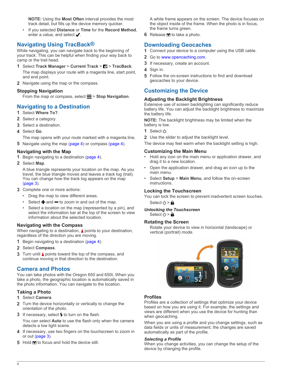 Navigating using tracback, Stopping navigation, Navigating to a destination | Navigating with the map, Navigating with the compass, Camera and photos, Taking a photo, Downloading geocaches, Customizing the device, Adjusting the backlight brightness | Garmin Oregon 650t User Manual | Page 4 / 6