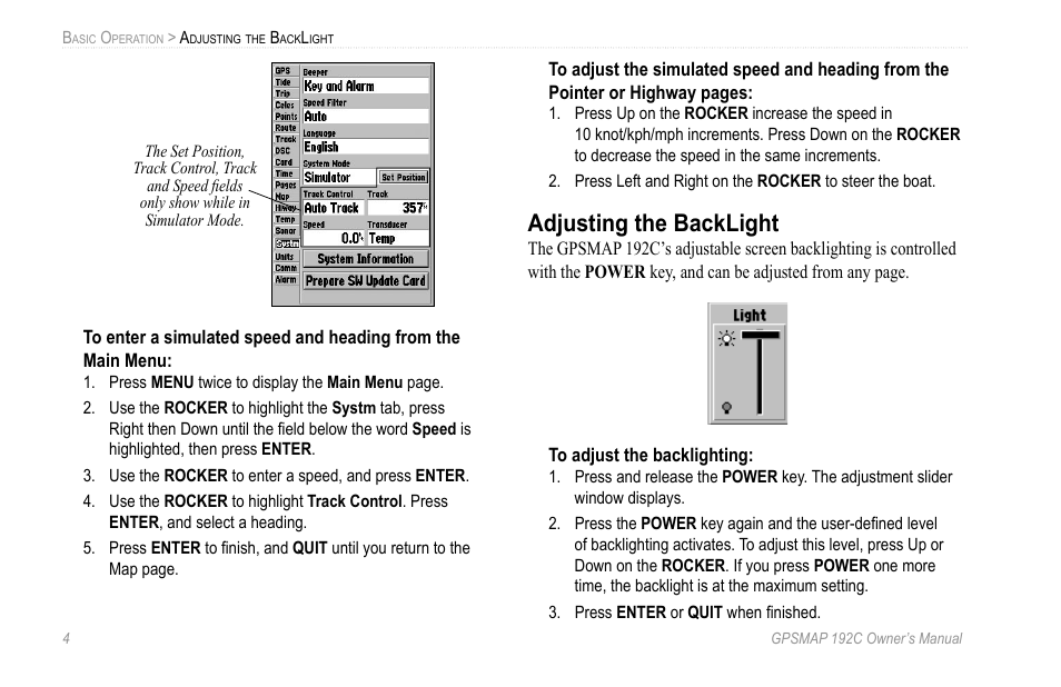 Adjusting the backlight | Garmin GPSMAP 192C User Manual | Page 10 / 124