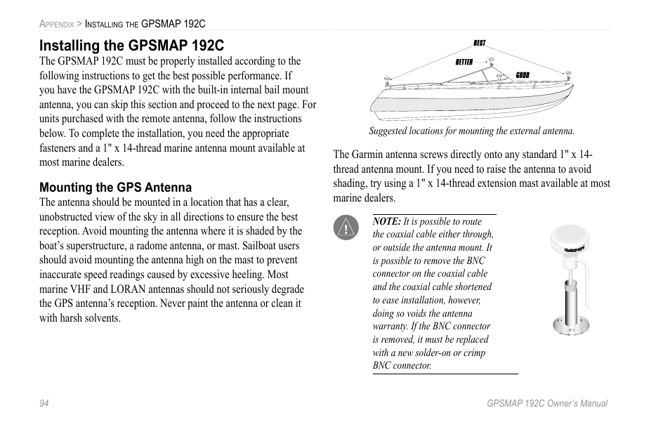 Installing the gpsmap 192c | Garmin GPSMAP 192C User Manual | Page 100 / 124