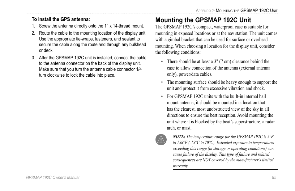 Mounting the gpsmap 192c unit | Garmin GPSMAP 192C User Manual | Page 101 / 124