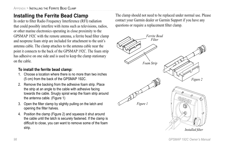 Installing the ferrite bead clamp | Garmin GPSMAP 192C User Manual | Page 104 / 124