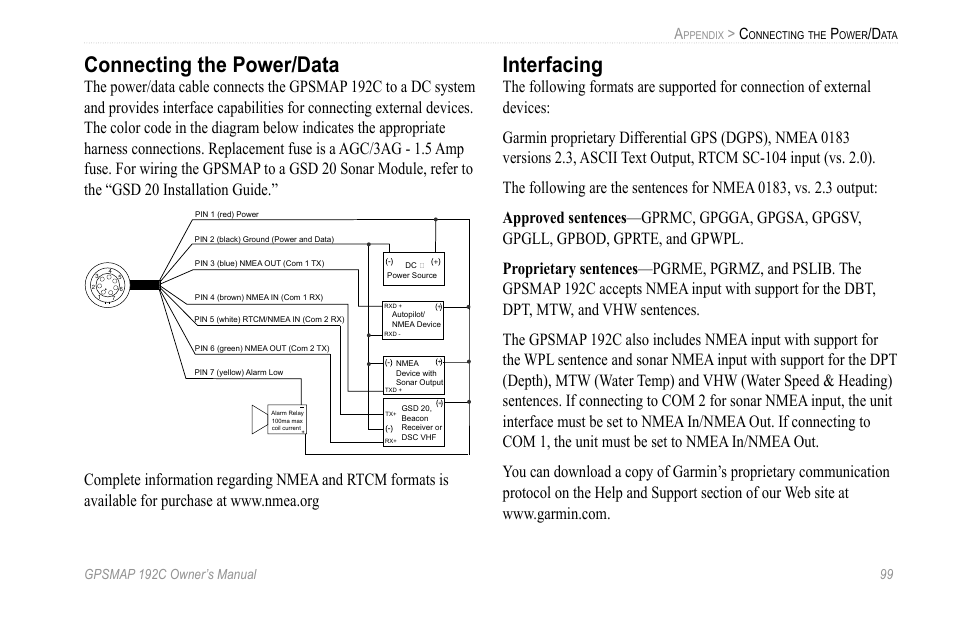 Connecting the power/data, Interfacing | Garmin GPSMAP 192C User Manual | Page 105 / 124