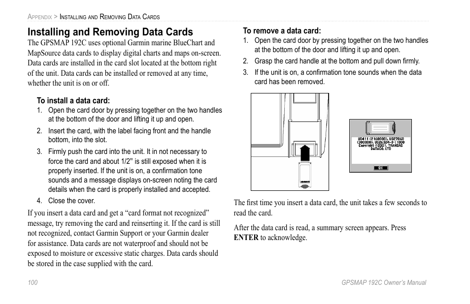 Installing and removing data cards | Garmin GPSMAP 192C User Manual | Page 106 / 124