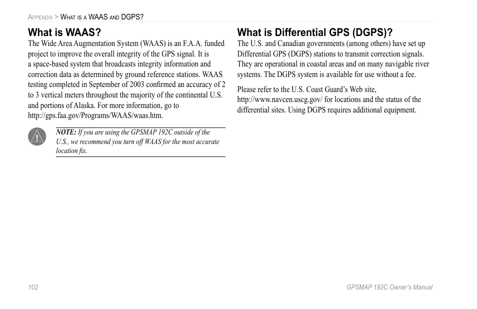 What is waas, What is differential gps (dgps) | Garmin GPSMAP 192C User Manual | Page 108 / 124