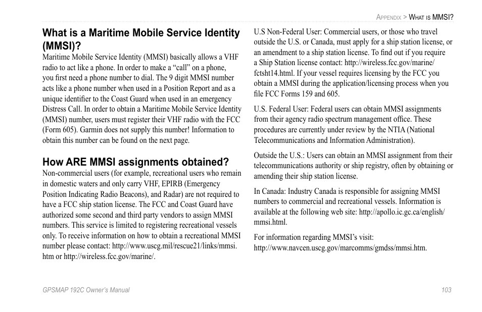 What is a maritime mobile service identity (mmsi), How are mmsi assignments obtained | Garmin GPSMAP 192C User Manual | Page 109 / 124