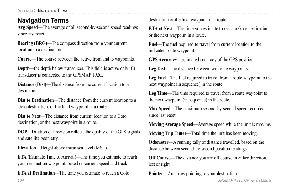 Navigation terms | Garmin GPSMAP 192C User Manual | Page 110 / 124