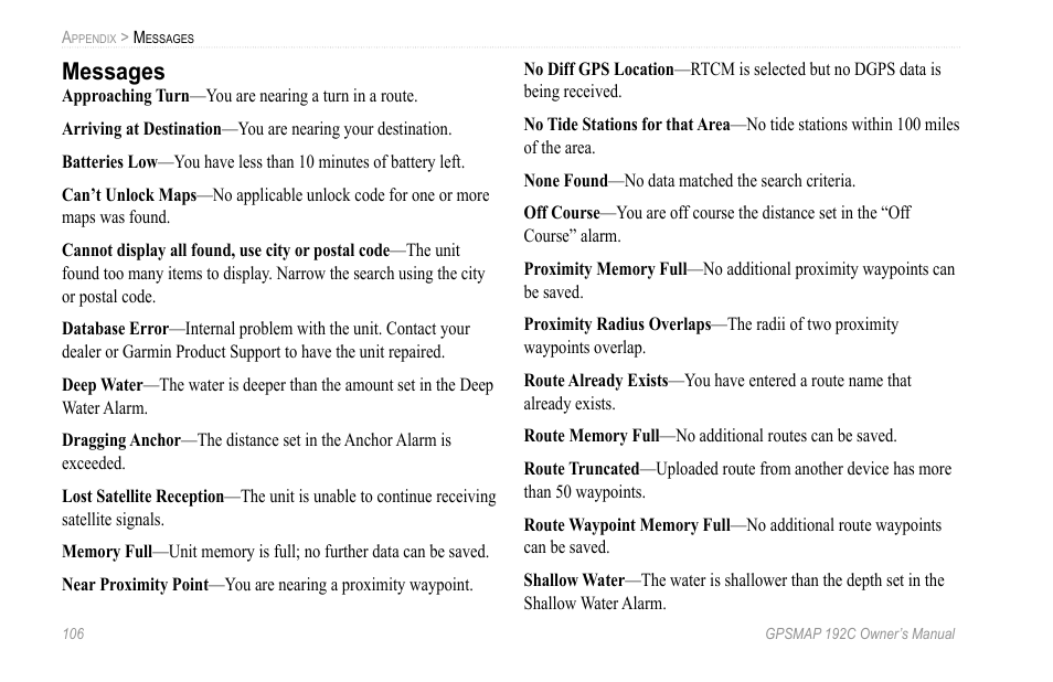 Messages | Garmin GPSMAP 192C User Manual | Page 112 / 124