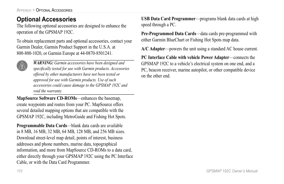 Optional accessories | Garmin GPSMAP 192C User Manual | Page 116 / 124