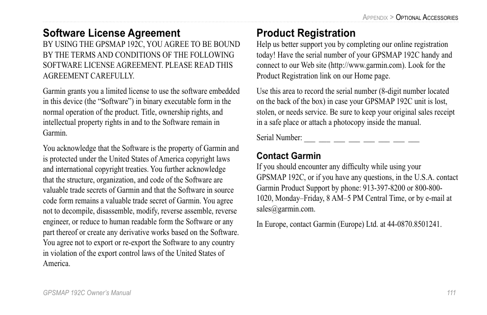 Software license agreement, Product registration | Garmin GPSMAP 192C User Manual | Page 117 / 124