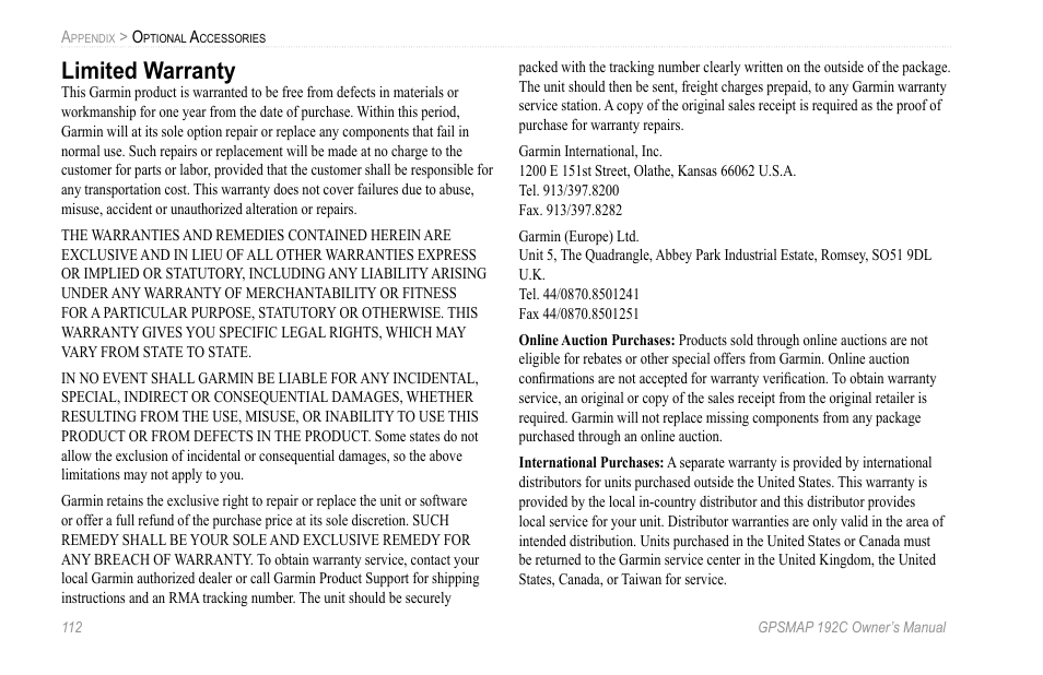 Limited warranty | Garmin GPSMAP 192C User Manual | Page 118 / 124