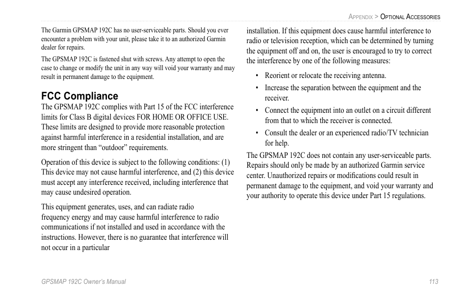 Fcc compliance | Garmin GPSMAP 192C User Manual | Page 119 / 124