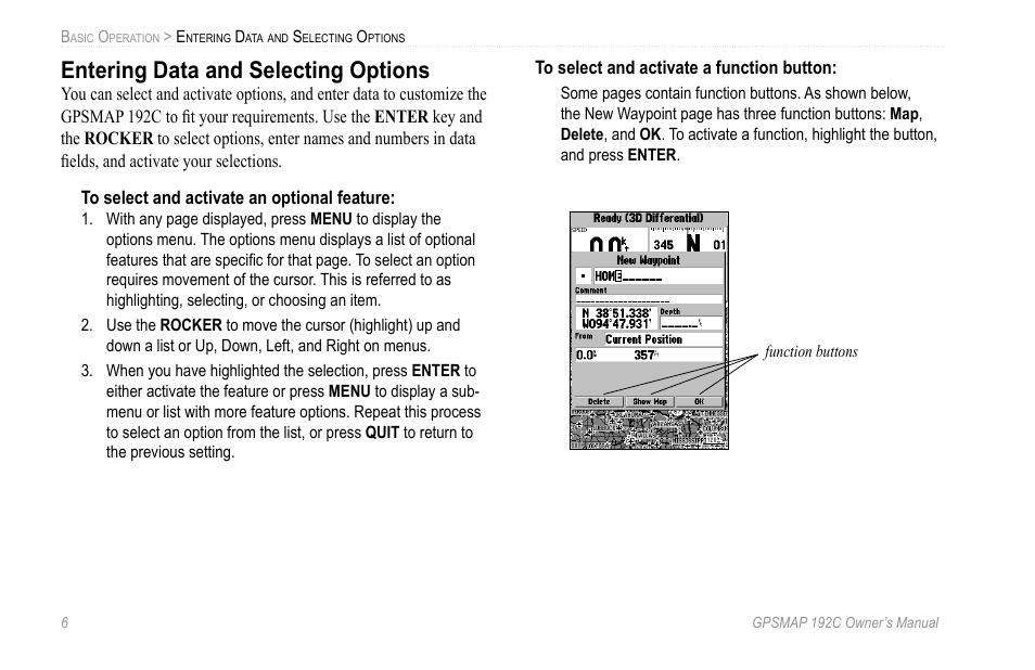 Entering data and selecting options | Garmin GPSMAP 192C User Manual | Page 12 / 124