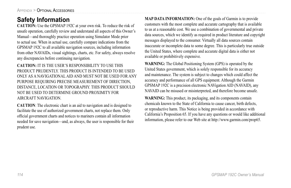 Safety information | Garmin GPSMAP 192C User Manual | Page 120 / 124