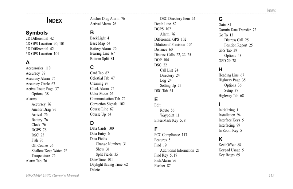 Index, Ndex | Garmin GPSMAP 192C User Manual | Page 121 / 124