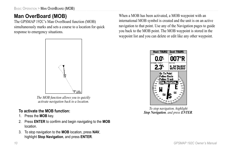 Man overboard (mob) | Garmin GPSMAP 192C User Manual | Page 16 / 124