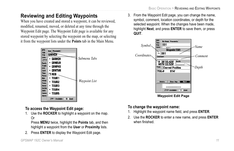 Reviewing and editing waypoints | Garmin GPSMAP 192C User Manual | Page 17 / 124