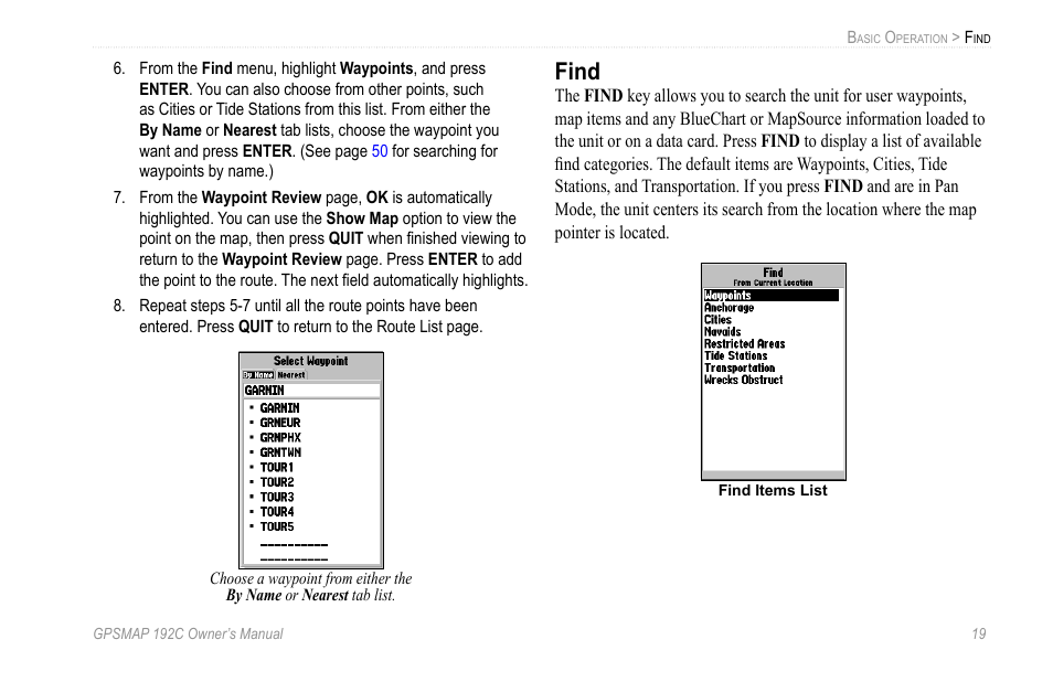 Find | Garmin GPSMAP 192C User Manual | Page 25 / 124