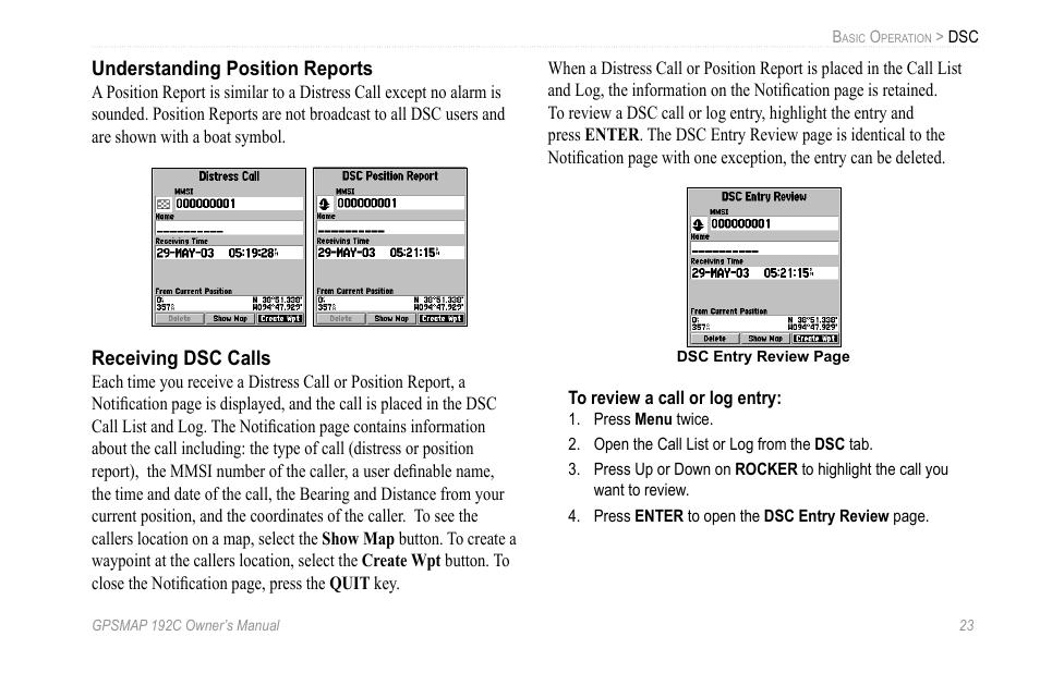 Understanding position reports, Receiving dsc calls | Garmin GPSMAP 192C User Manual | Page 29 / 124