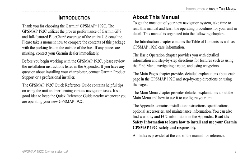 Introduction, About this manual | Garmin GPSMAP 192C User Manual | Page 3 / 124