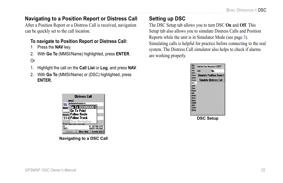 Navigating to a position report or distress call, Setting up dsc | Garmin GPSMAP 192C User Manual | Page 31 / 124