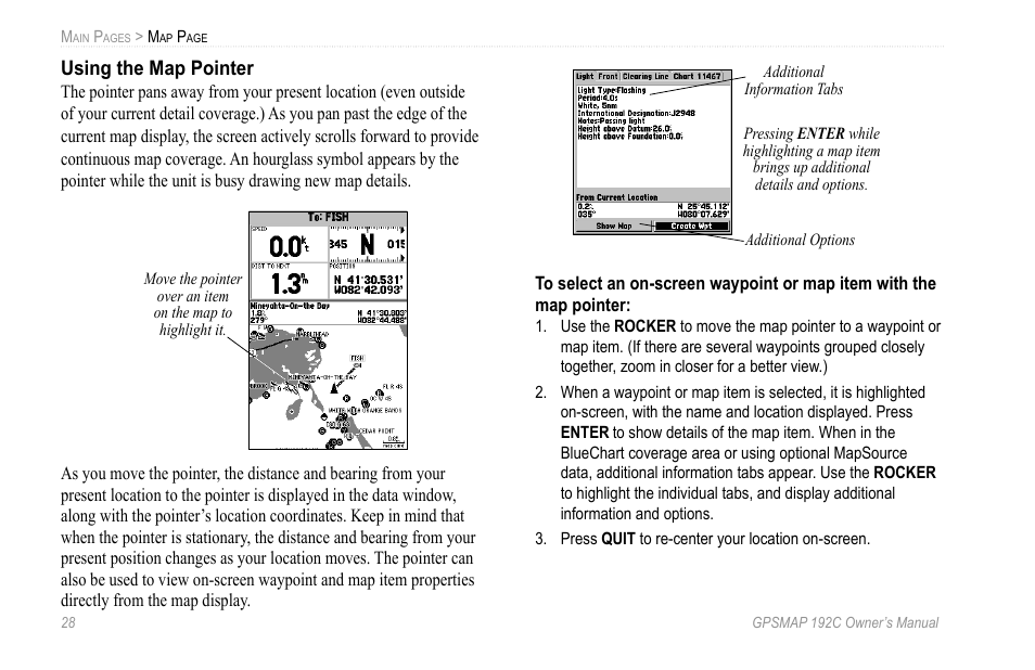 Using the map pointer | Garmin GPSMAP 192C User Manual | Page 34 / 124