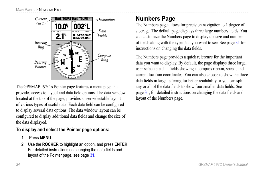 Numbers page | Garmin GPSMAP 192C User Manual | Page 40 / 124