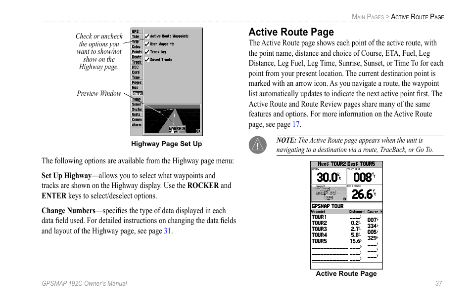 Active route page | Garmin GPSMAP 192C User Manual | Page 43 / 124
