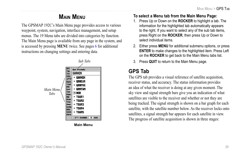 Main menu, Gps tab | Garmin GPSMAP 192C User Manual | Page 45 / 124