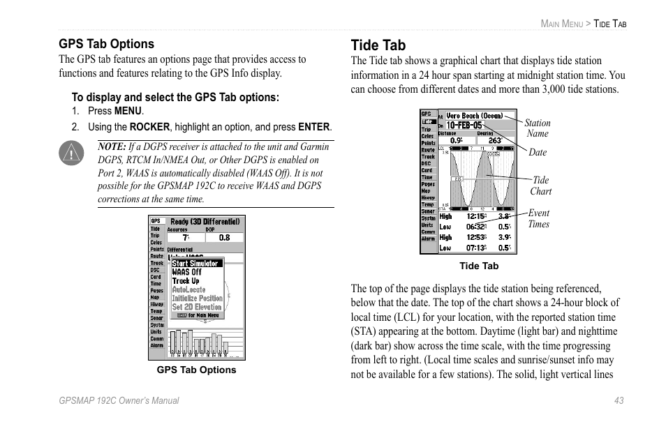 Gps tab options, Tide tab | Garmin GPSMAP 192C User Manual | Page 49 / 124