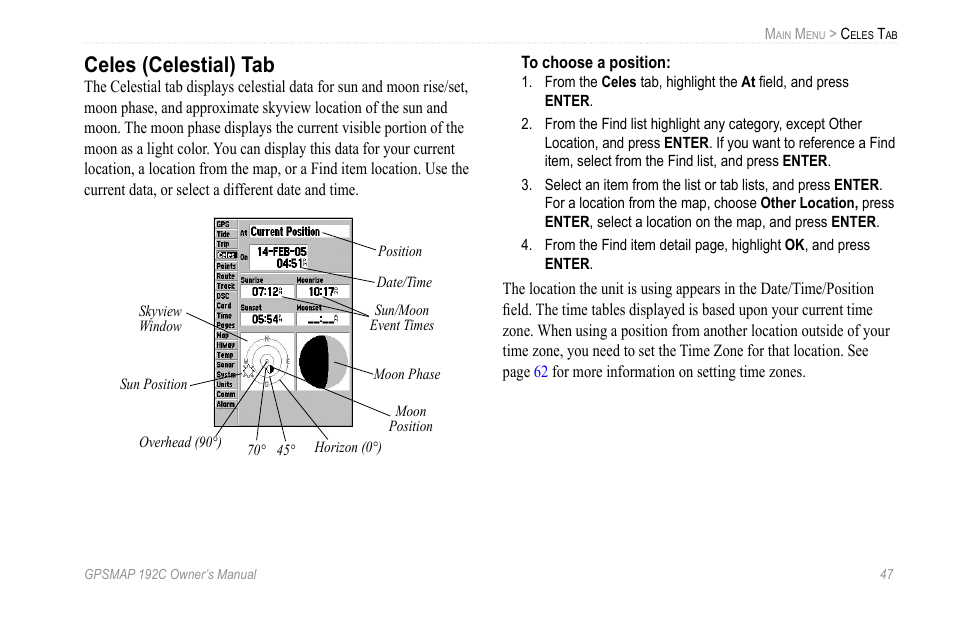 Celes (celestial) tab | Garmin GPSMAP 192C User Manual | Page 53 / 124